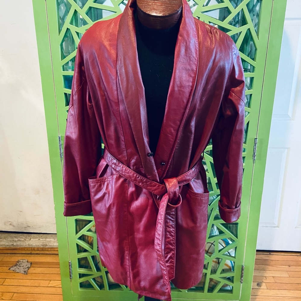Excelled Vintage Rich Red Leather Duster Jacket - XL